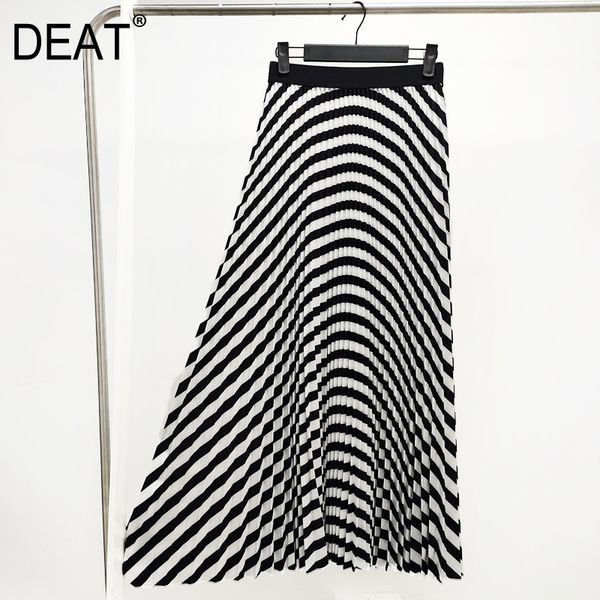 

deat pleated womens skirt high waist elastic black striped knee length elegant wild slim causal 2021 new spring fashion ht416 y1214