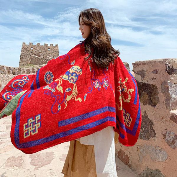 

scarves autumn winter national style thickened oversized shawl travel warm retro scarf cape female women, Blue;gray