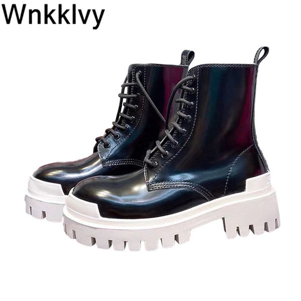 

thick sole ankle boots women platform genuine leather lace up martin botas 2020 british style handsome motorcycle boots, Black
