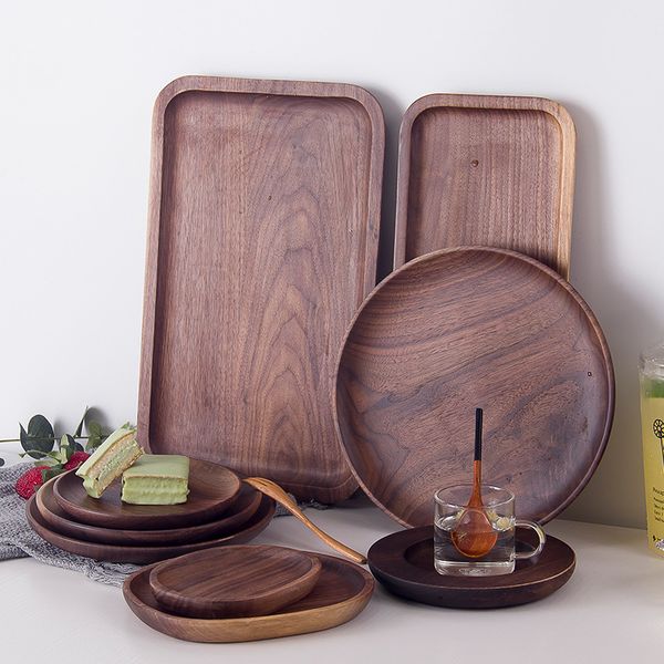 

2021 new black walnut pan candy fruit dishes saucer dessert dinner bread pizza rectangle round shape wood plate tea tray w15u