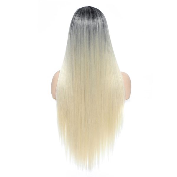 

costume accessories ombre blonde 613 synthetic lace wig black root with natural hairline for women long straight hair middle part lace wigs, Silver