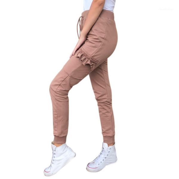 

sagace 2019 women's casual elastic waist belted ears side pocket solid color pants women's ruffle pants fashi, Blue