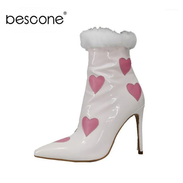 

boots bescone sweet ankle woman bright leather pointed toe high thin heel heart shaped pattern fur zipper shoe bm6561, Black