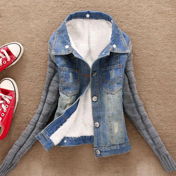 

denim pockets coat women jacket plus size xxxxxl winter warm thick jeans button knit sleeve cowboy psept71, Black;brown