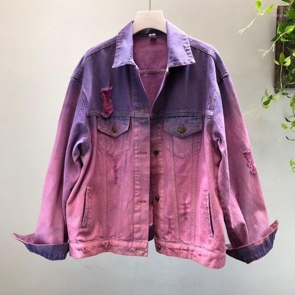 

ewq] 2020 autumn graffiti color hole trend design denim jacket students plus size denim coats overcoat baseball uniform qv14641, Black;brown