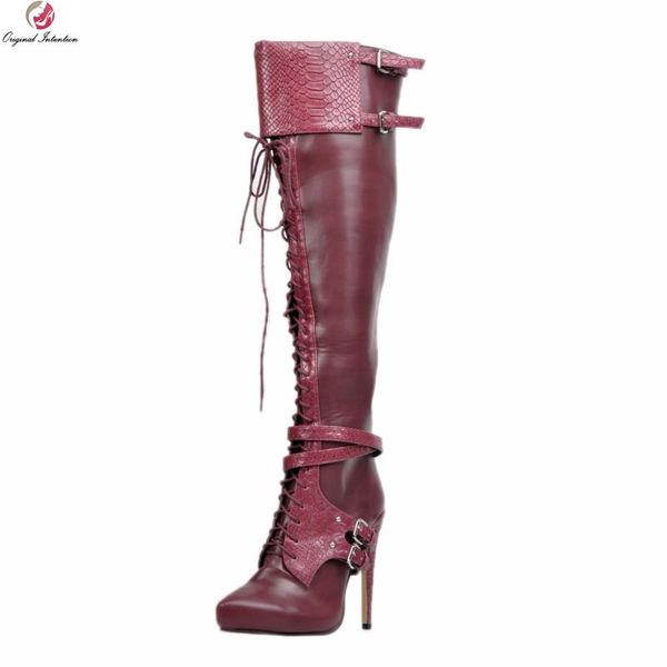 

original intention charm women over-the-knee boots nice round toe thin high heels boots wine red shoes woman plus us size 4-15, Black
