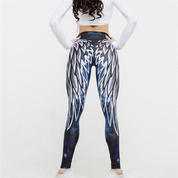 

2019 hayoha new angel wings printing leggings put hip elastic high waist legging breathable slim pants, Black