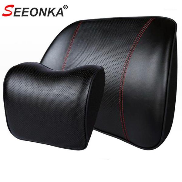 

1 set leather luxury business car seat cushion back support seat headrest pillow auto pillow interior memory foam support1