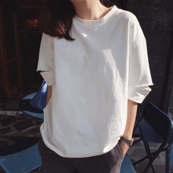 

zjzgn new girls cotton white for style in summer 2020middle sleeve for studentst-shirt loose half coat t-shirt korean sleeve fashion
