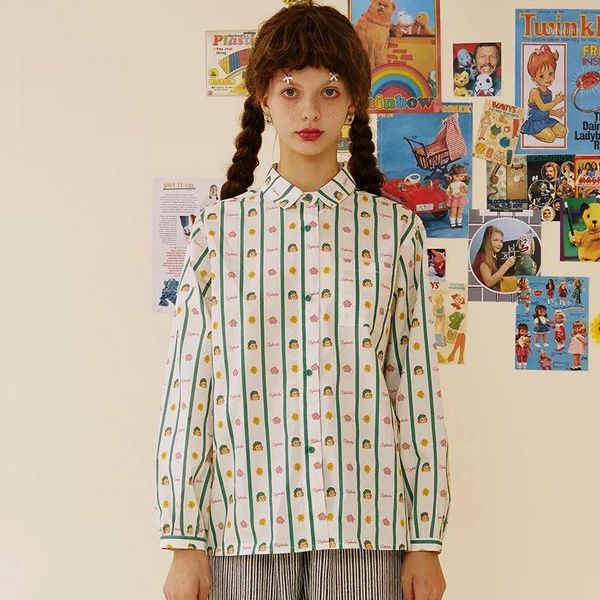 

2018 autumn new design women cotton blouse turn down collar long sleeve women shirts dolls printed green stripes1, White