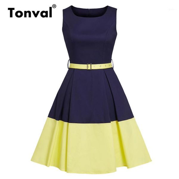 

tonval navy blue and yellow color-block vintage retro dress women belted slim fit pocket office ladies pleated cotton dresses1, Black;gray