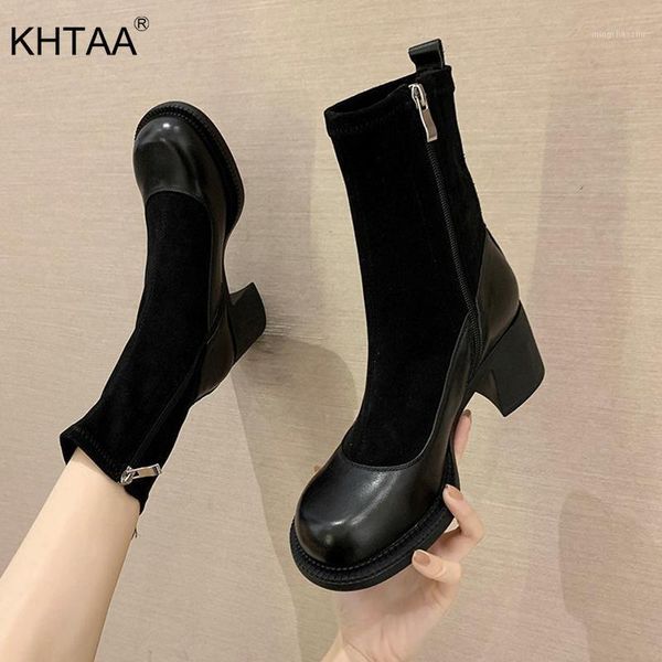 

boots women pu leather ladie ankle female round toe high heels short boot platform fashion sock shoes comfortable est1, Black