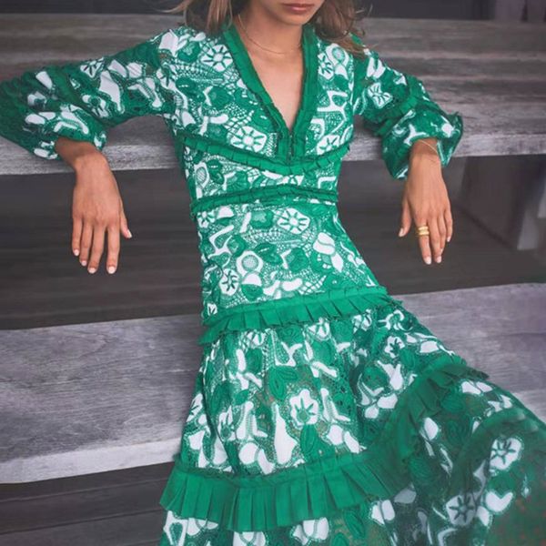 

elegant 2020 fall new v-neck hollow printed high waist slim fit fine edge dress ing, White;black