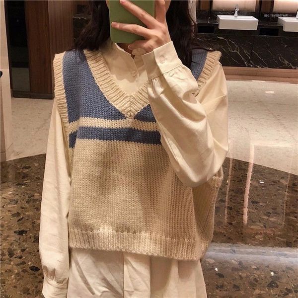

women's vests 2021 autumn v-neck sweater all-match lazy style sleeveless knitted vest women's striped students1, Black;white