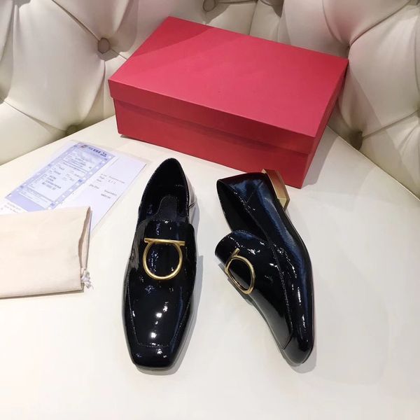 

2020 women's shoes with shallow leather, patent leather, square head, short heel, metal low heel and versatile women's single shoe, Black