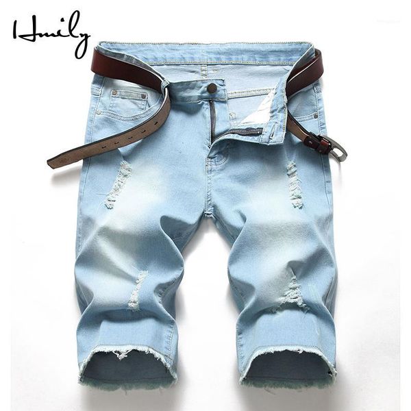 

hmily new fashion mens ripped short jeans brand clothing summer cotton shorts breathable tearing denim shorts light blue1, Blue