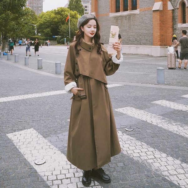

lanmrem 2020 chic autumn new long coat korean style solid asymmetrical adjustable waist ankle-length windbreaker for women 2a206 t200828, Tan;black