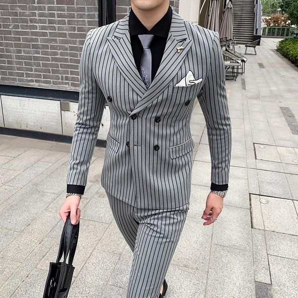 

blazer + pants men's gray black striped suit business dress double breasted men's tuxedo slim blazers groom wedding dress1, White;black
