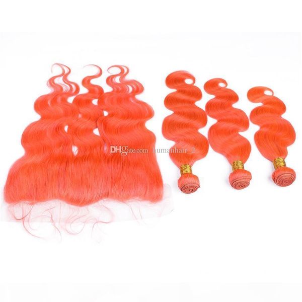 

colored orange human hair bundles deals 3pcs with frontal closure body wave 4pcs lot virgin brazilian orange hair weaves with full frontals, Black;brown