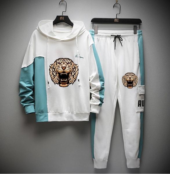 

men hood tiger full outdoor gym tracksuit sport jacket coat bottom suit trousers pants track suit outfit, Gray