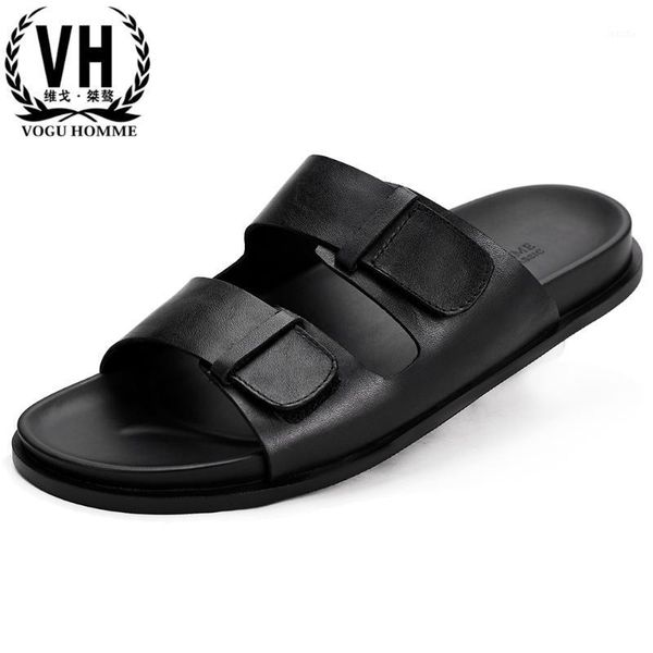 

slippers mens summer genuine leather casual fashion sandals male breathable outdoor beach shoes men cowhide1, Black