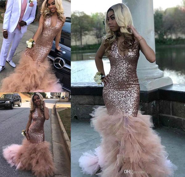 Image Real Africano Sequined Prom Vestido Rose Gold Bling formal concurso Feriados desgaste Graduação Plus Size Noite Vestidos Tiered Custom Feito