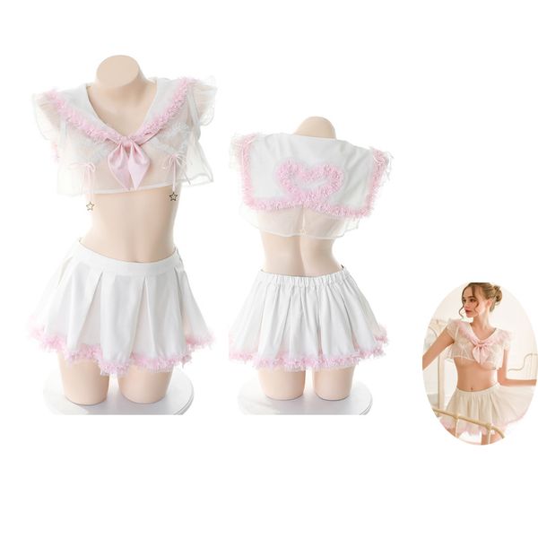 

kwaii love type transparent underwear students sleepwear set japanese lolita schoolgirl lingerie intimates sailor uniform, Black;white