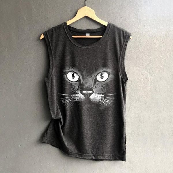 

feitong fashion blouse womens o neck cat printing sleeveless vest blouse loose shirt blusas mujer de moda blouse women, White