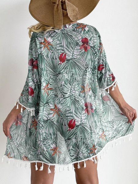 

tropical print tassel kimono l3b9#, White;black