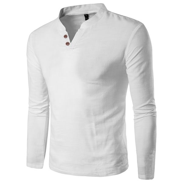

autumn new men's linen t shirts male long sleeve breathable cottonsolid color 201203, White;black