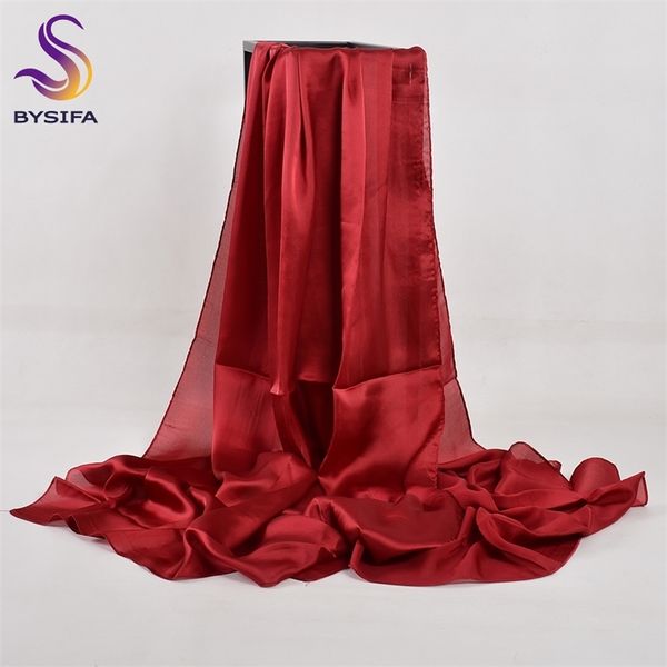 

bysifa] chinese silk winter women long satin shawl luxury wine red scarves simple muslim plain head scarf 180*90cm y201007, Blue;gray