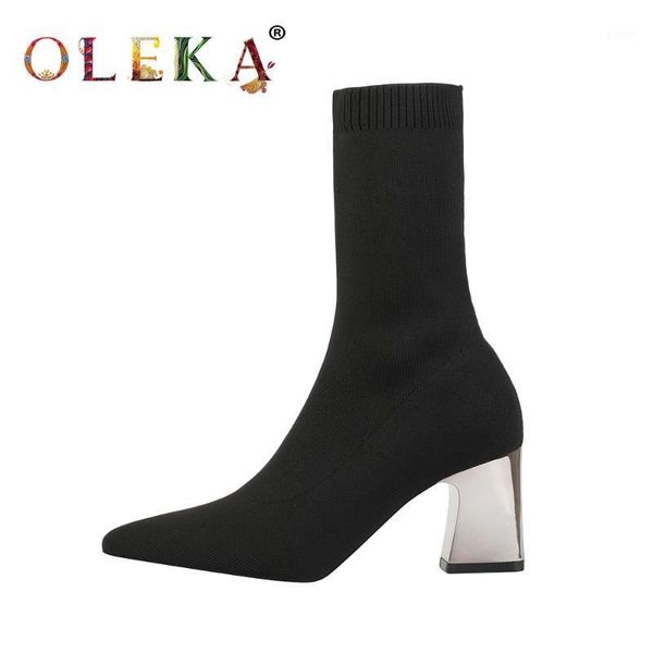 

boots oleka mid-calf winter square heel totem pointed toe ladies mature style basic as7221, Black