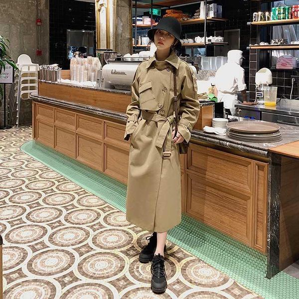 

victorian style long women trench coat single-breasted belted with pockets ladies windbreaker female outerwear spring autumn1, Tan;black