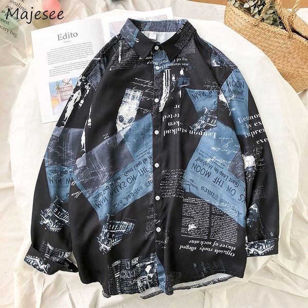 

shirt men clothes long sleeve printed black harajuku mens shirts korean style students white clothing plus size daily chic y200408, White;black