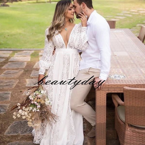 2022 Sunset Beach Abiti da sposa Abiti da sposa in pizzo Abiti da sposa senza schienale Sheer Sheer Maniche lunghe Boho Plus Size Vestito di fidanzamento Dress Piano Lunghezza del pavimento Robes de Soirée Cerimonia Mariée