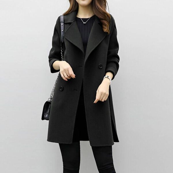 

lucyever women wool long coat warm autumn winter blend jacket slim korean double breasted female trench abrigos mujer invierno1, Black