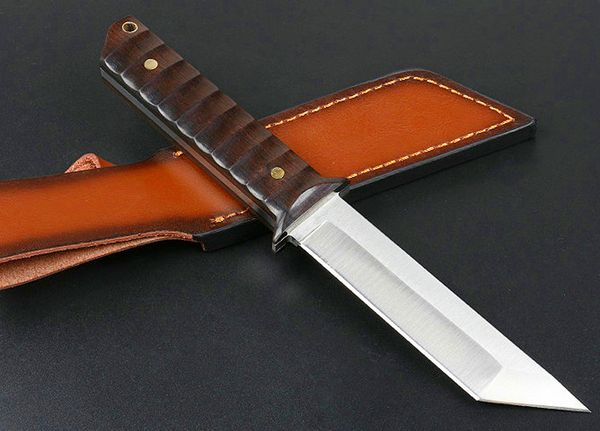 Coltello dritto di sopravvivenza con spedizione veloce 5Cr13Mov Lama a punta Tanto satinata Manico in ebano pieno Tang Coltelli tattici con fodero in pelle