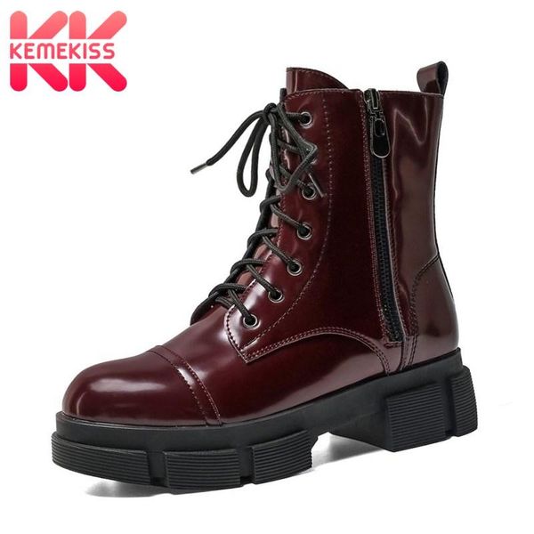 

boots kemekiss women ankle patent real leather thick bottom short cool fashion shoes ladies footwear size 34-40, Black