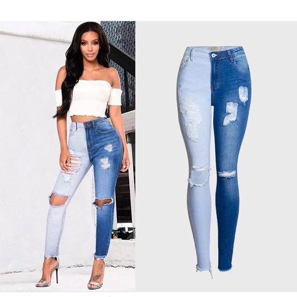 Primavera verão lavagem branqueamento spled fêmea rasgado jeans para mulheres calças de cintura alta calça jeans senhoras magro jean mulher mãe calha 201106