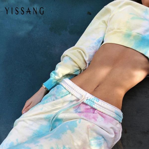 

yissang tie dye cotton summer 2 piece set women short crop and long pant set tracksuit two piece casual clothing1, Gray