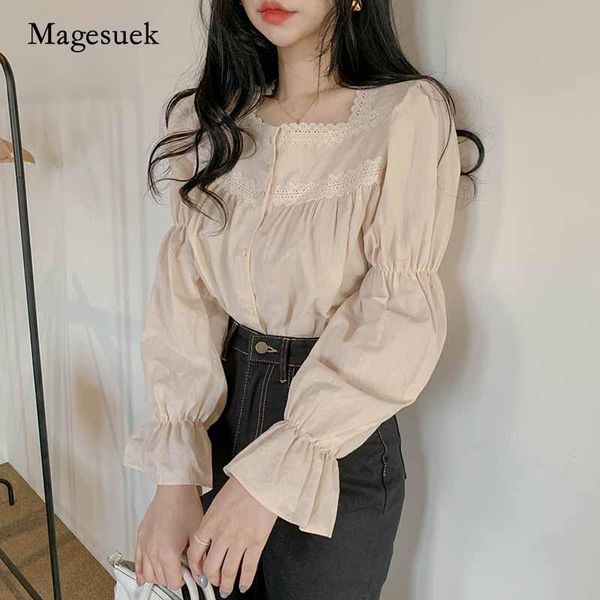

women's blouses & shirts 2021 autumn lace side solid cardigan sweet vintage slim long puff sleeve square collar women blouse blusas muj, White