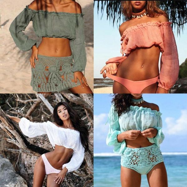

women's off shoulder long sleeve t shirt summer casual beach loose cover ups1