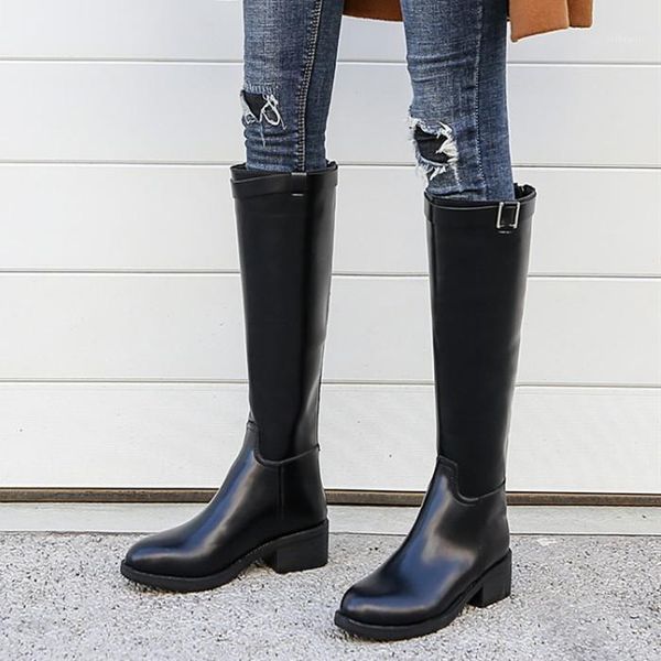 

pxelena retro knight boots knee high women shoes 2020 winter chunky med heels back zip comfort riding biker long boots1, Black