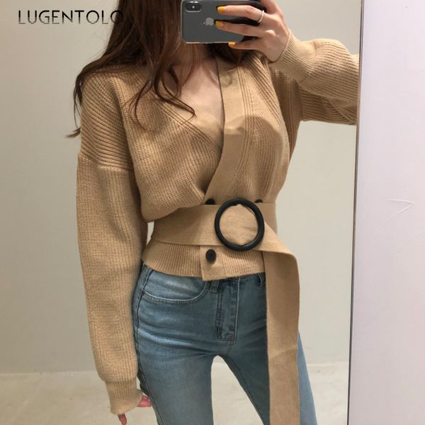 

women chic sweater double-breasted knitted cardigan spring autumn new fashion v-neck sashes lady short sweaters lugentolo, White;black