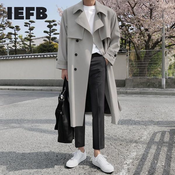 

men's trench coats iefb autumn winter mid length windbreaker male korean fashion over the knee british style coat oversize 9y4525, Tan;black