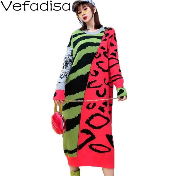 

vefadisa plus size stitching color sweater dress women 2020 autumn patchwork knitting dress long sleeve pullover qyf3865, White;black