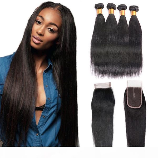

brazilian straight hair bundles with closure 4 bundles with closure brazilian hair weave bundles with closure virgin human hair extensions, Black