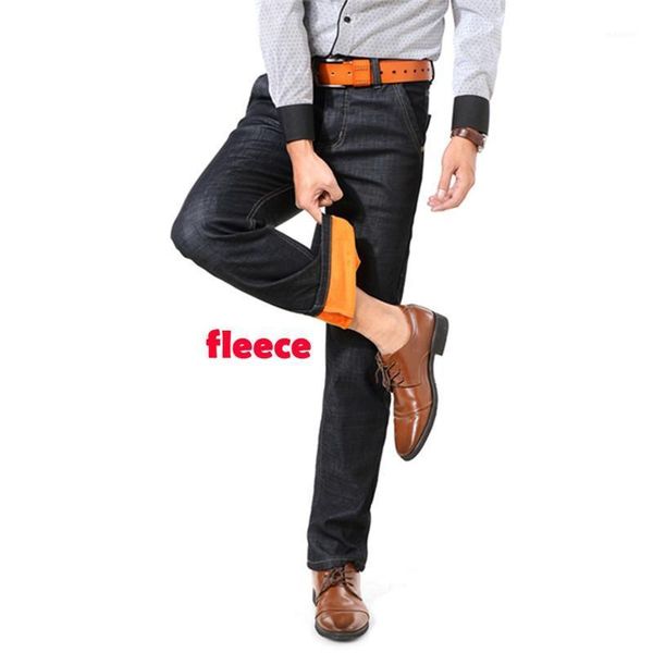 

winter mens jeans business casual velvet fleece thick black jeans loose solid warm straight stretch denim pants homme1, Blue