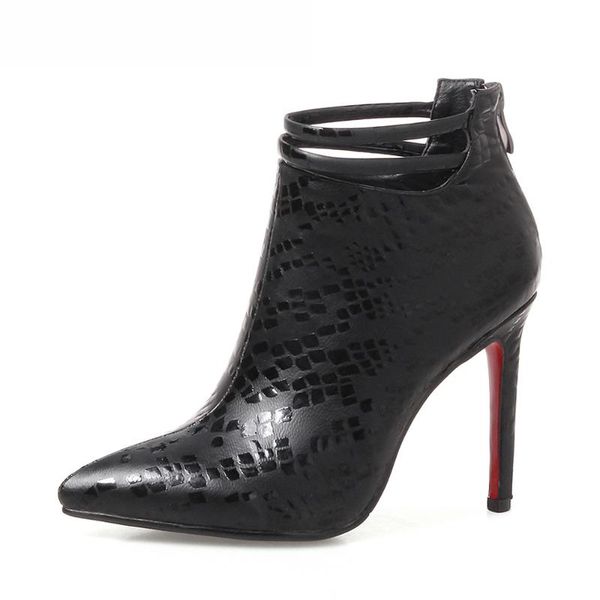 

boots women spring high heels buckle thin heel short zip party shoes 2021 red chaussure femme, Black