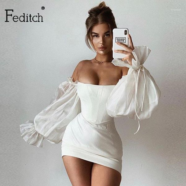 

feditch 2020 satin white summer dress lantern sleeves mini dress women bodycon solid slim night club party vestidos1, Black;gray